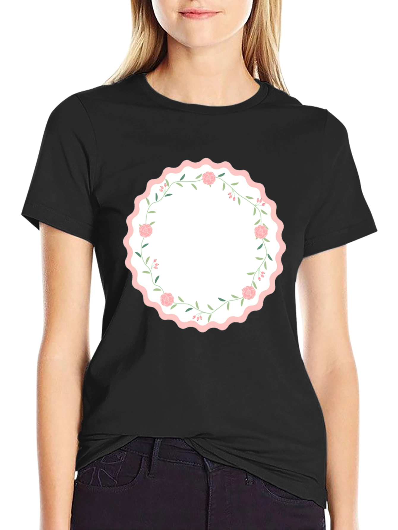 Floral Wreath Graphic Black T-Shirt