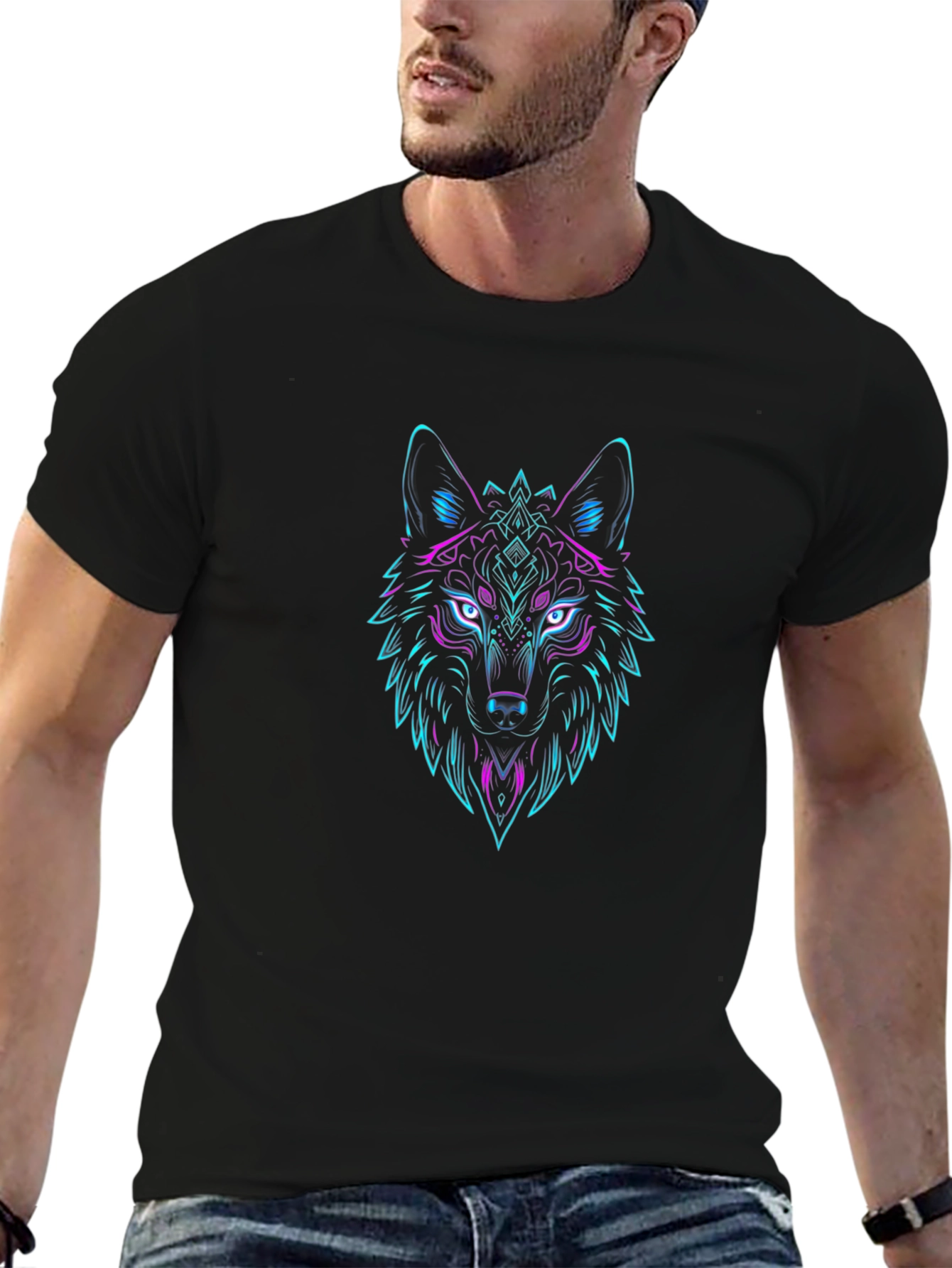 Neon Wolf Graphic Tee - Stylish Black T-Shirt
