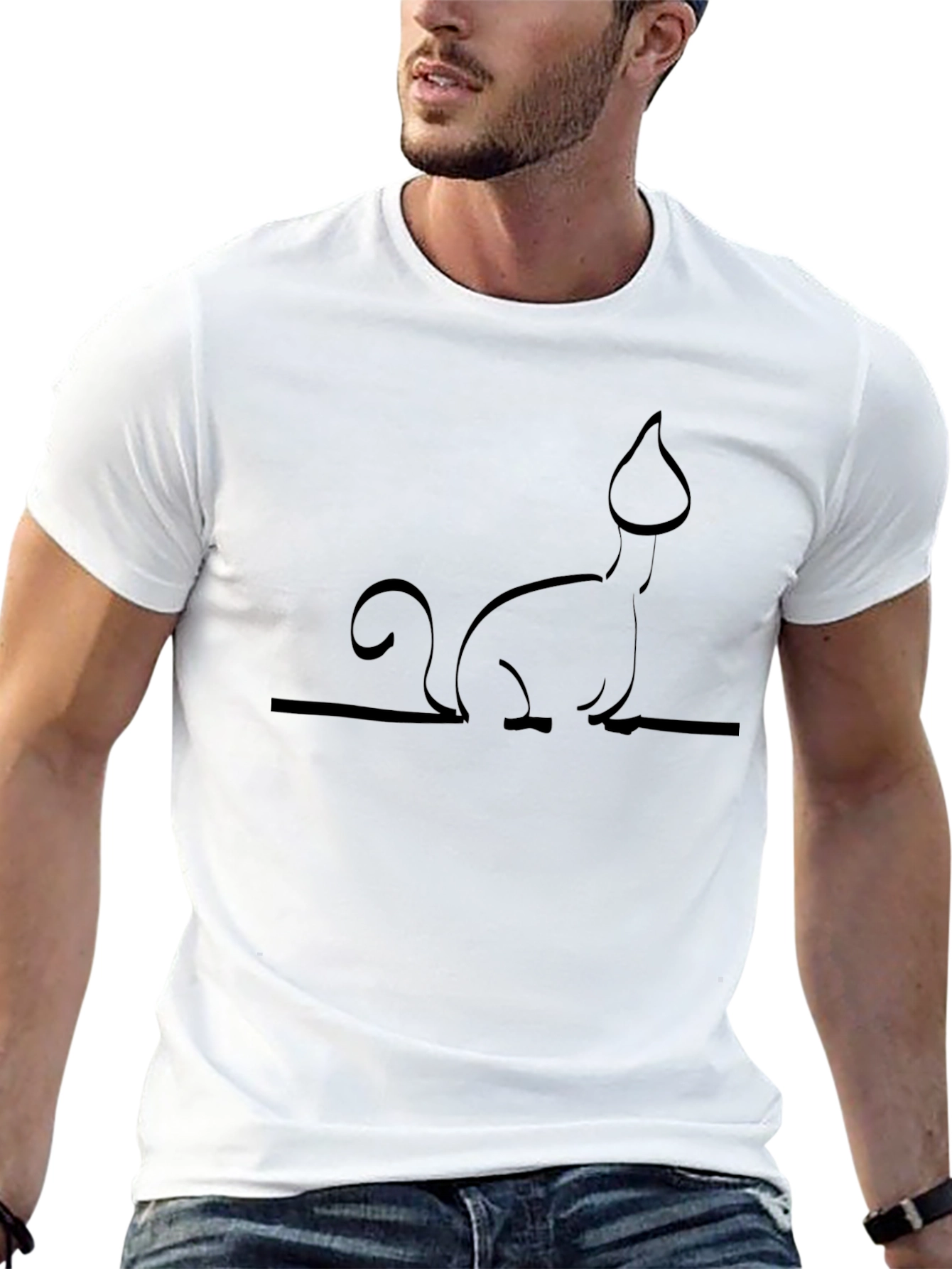 Minimalist Cat Line Art Black T-Shirt