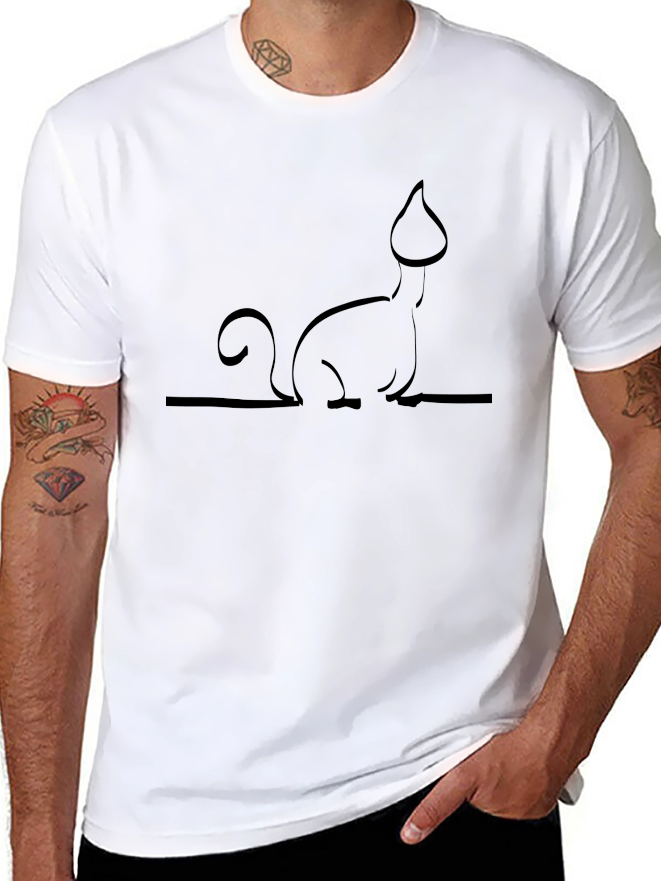 Minimalist Cat Line Art Black T-Shirt