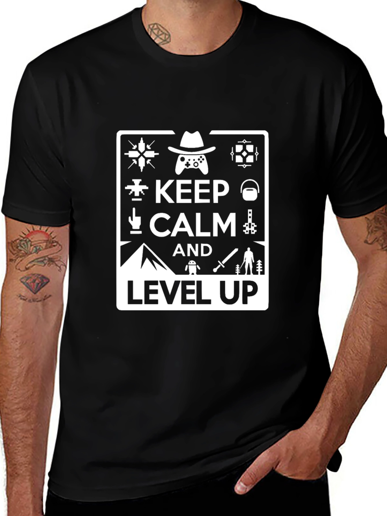 Keep Calm and Level Up Black Gaming T-Shirt