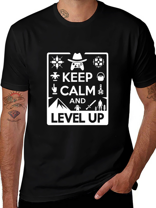 Keep Calm and Level Up Black Gaming T-Shirt