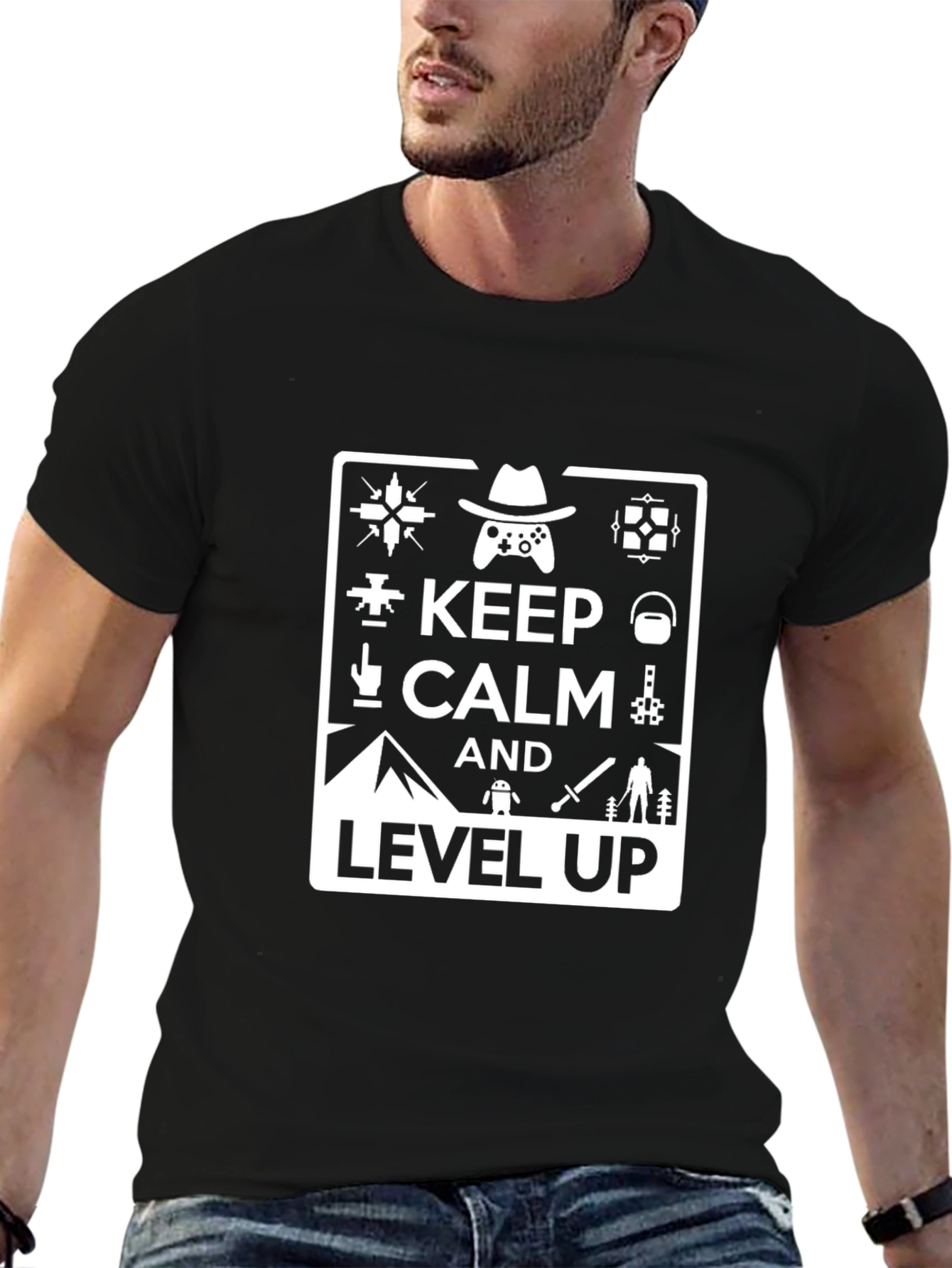 Keep Calm and Level Up Black Gaming T-Shirt