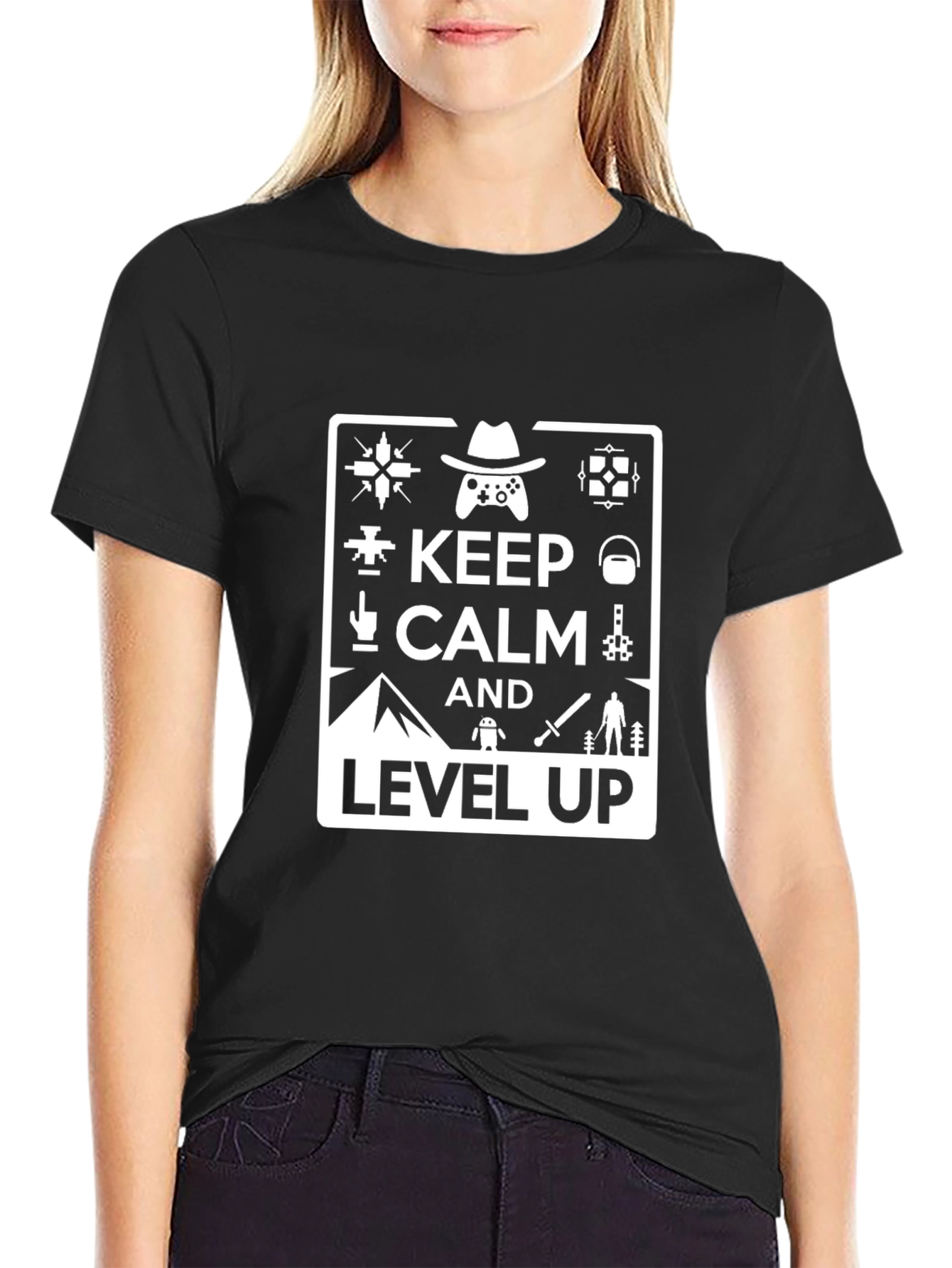 Keep Calm and Level Up Black Gaming T-Shirt