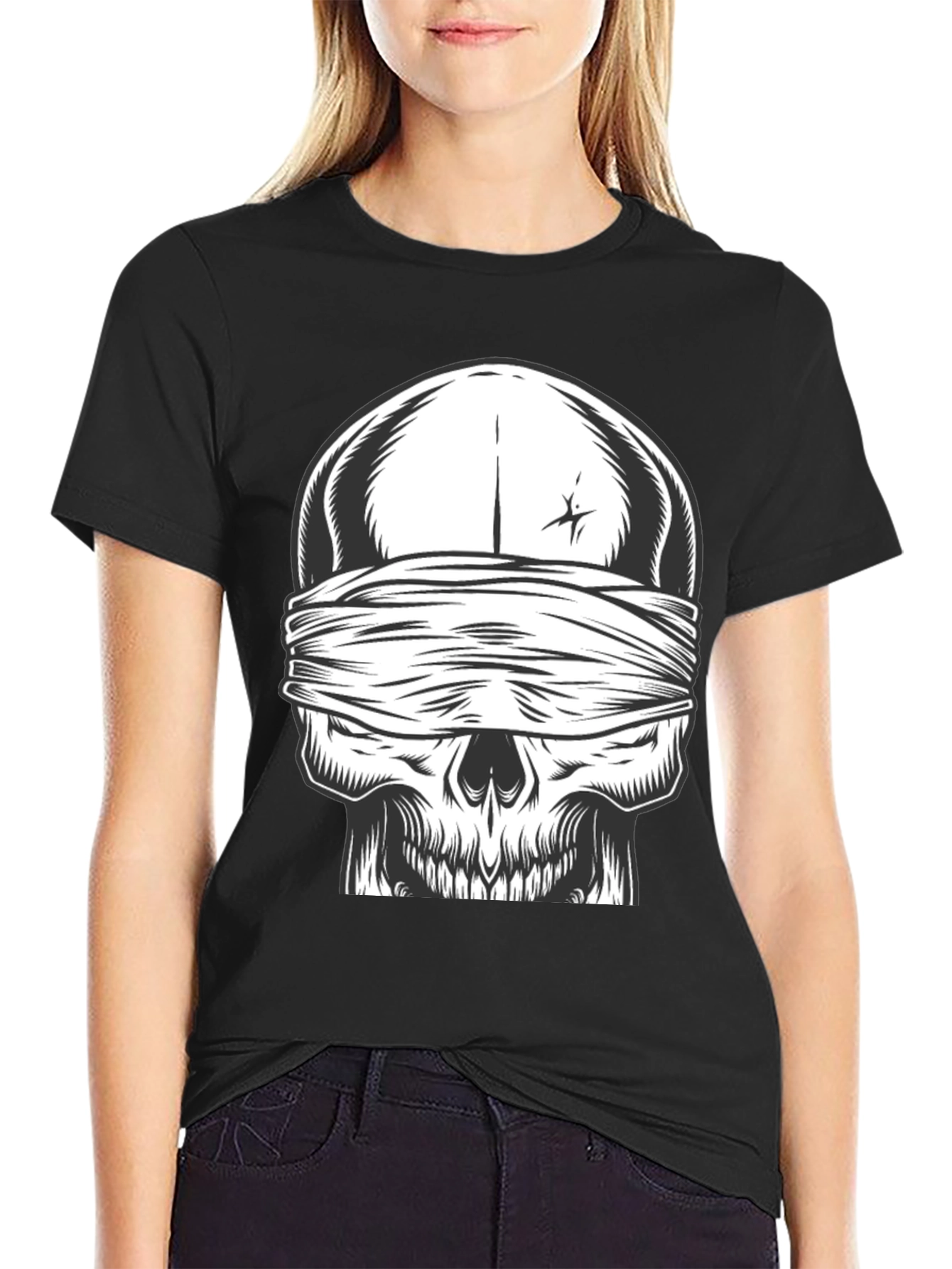 Skull with Bandana Graphic Tee - Black Cotton Shirt