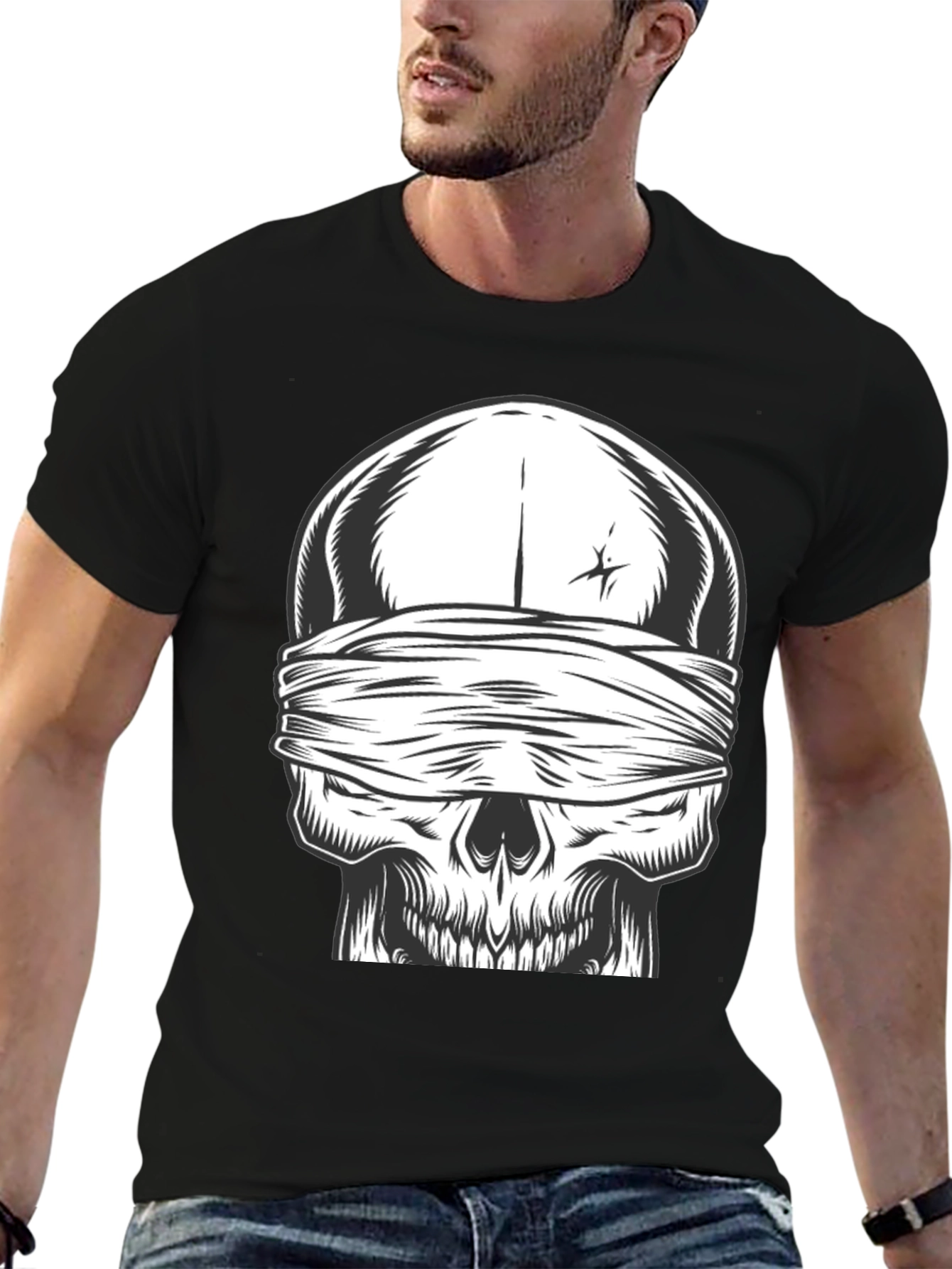 Skull with Bandana Graphic Tee - Black Cotton Shirt