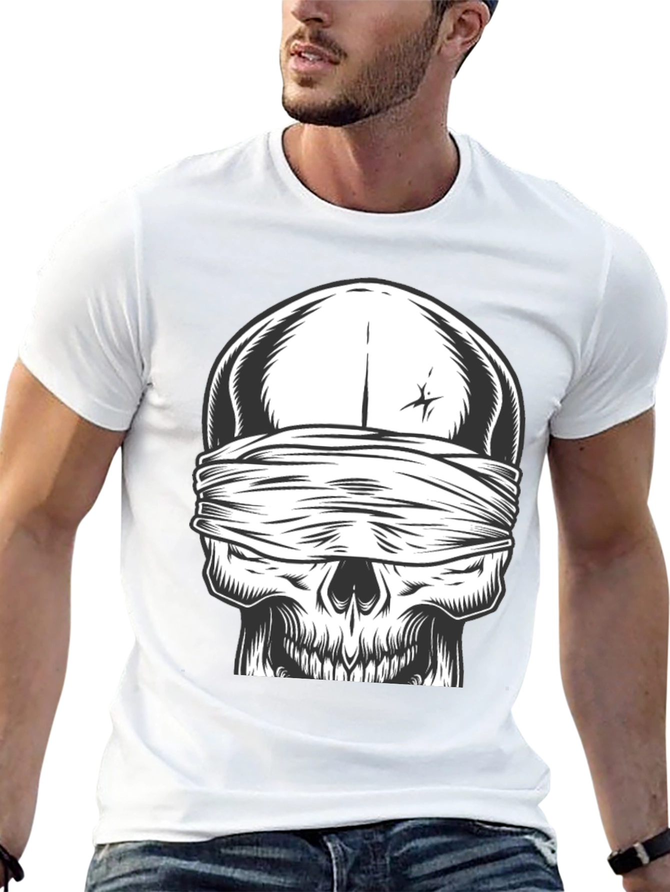 Skull with Bandana Graphic Tee - Black Cotton Shirt