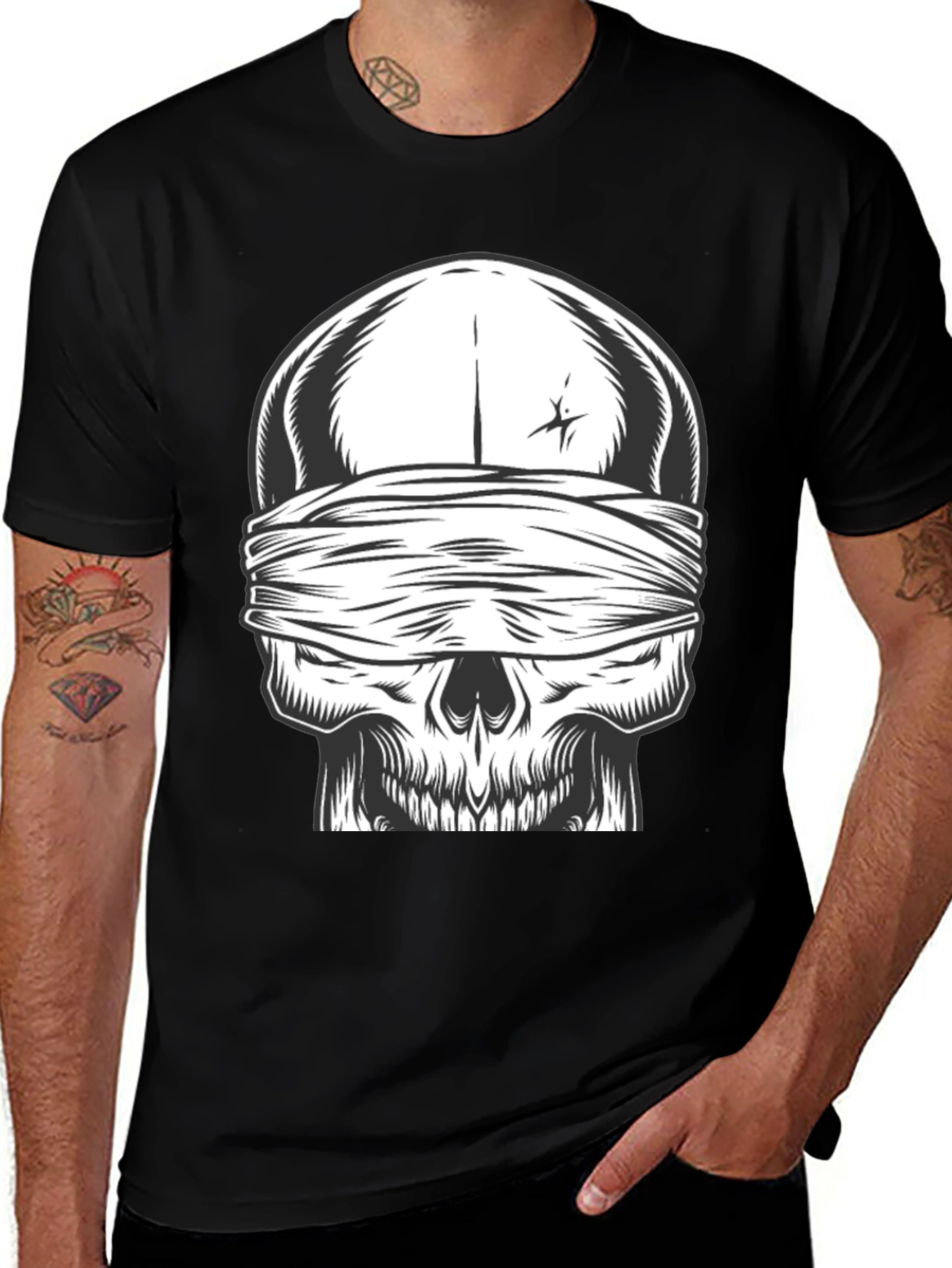 Skull with Bandana Graphic Tee - Black Cotton Shirt