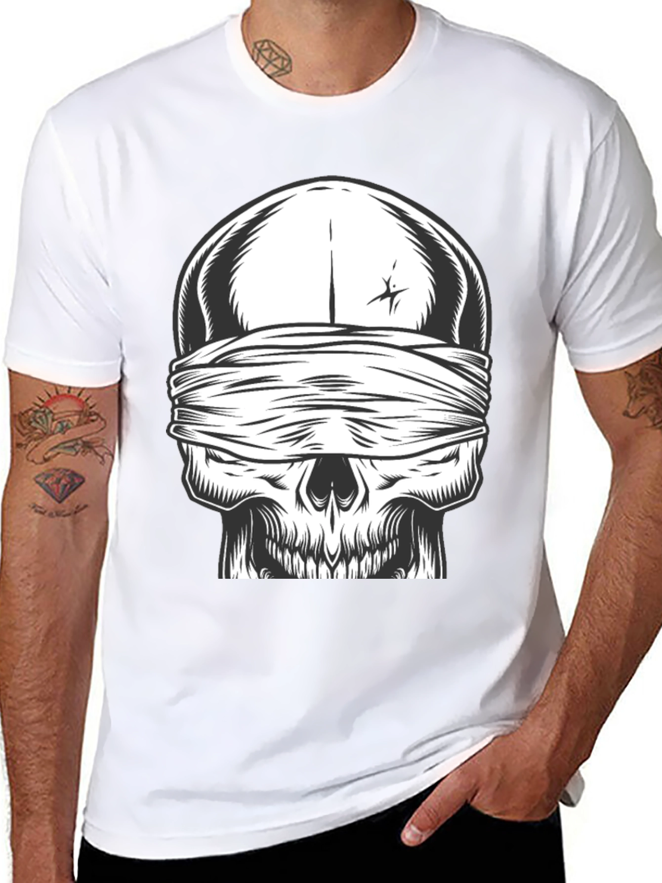 Skull with Bandana Graphic Tee - Black Cotton Shirt