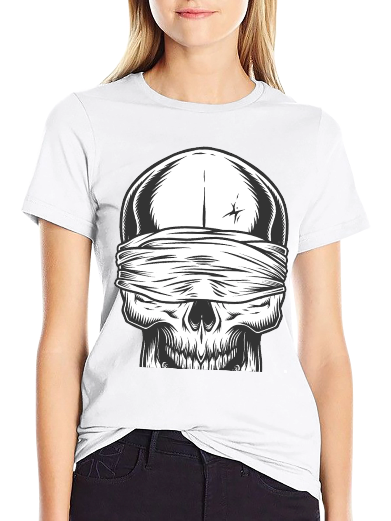 Skull with Bandana Graphic Tee - Black Cotton Shirt