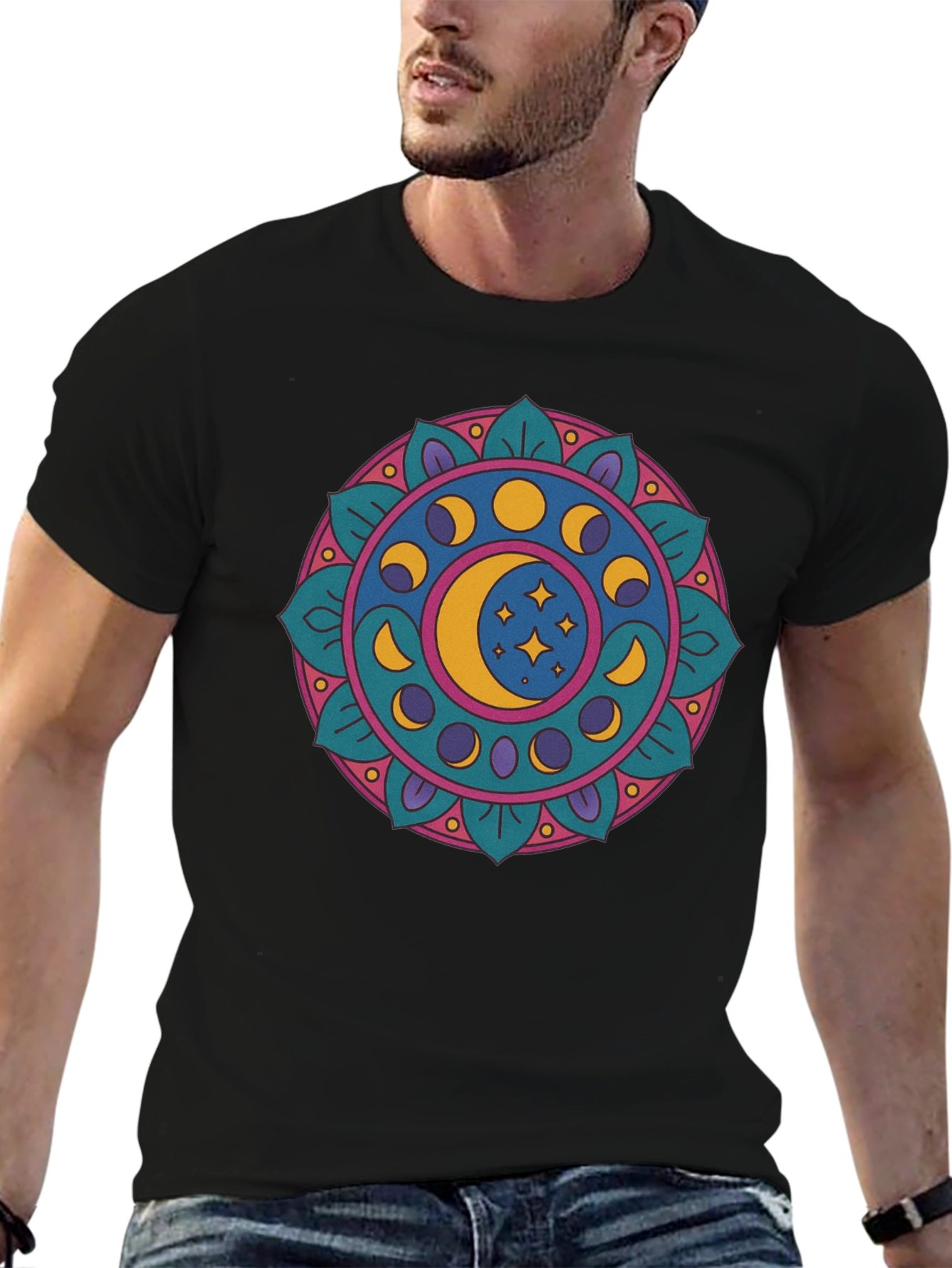Moon Phases Mandala Graphic T-Shirt - Black