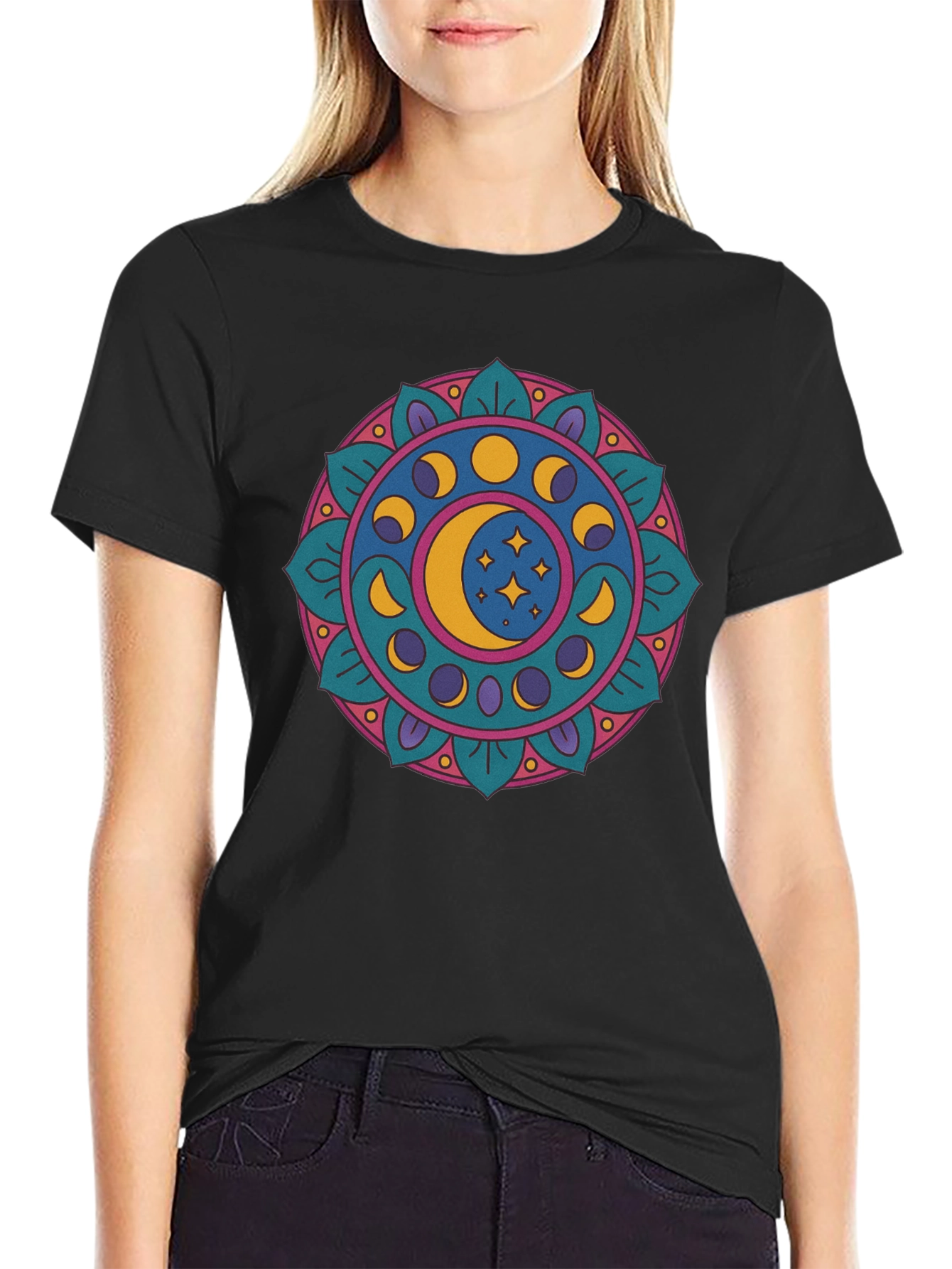 Moon Phases Mandala Graphic T-Shirt - Black
