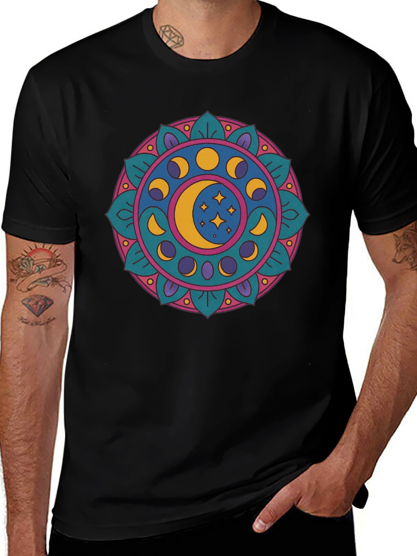 Moon Phases Mandala Graphic T-Shirt - Black