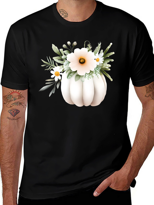 Floral Pumpkin Graphic Tee - Black Cotton Blend
