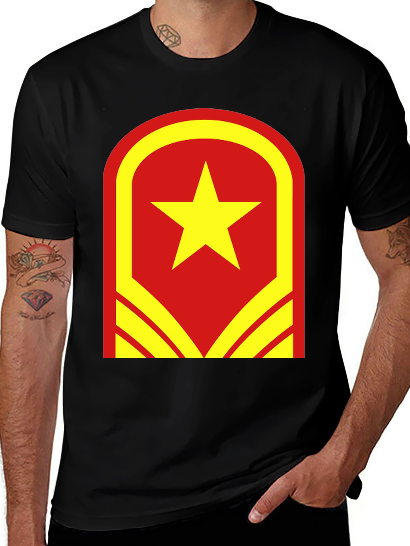 Red & Yellow Star Graphic T-Shirt - Casual Wear