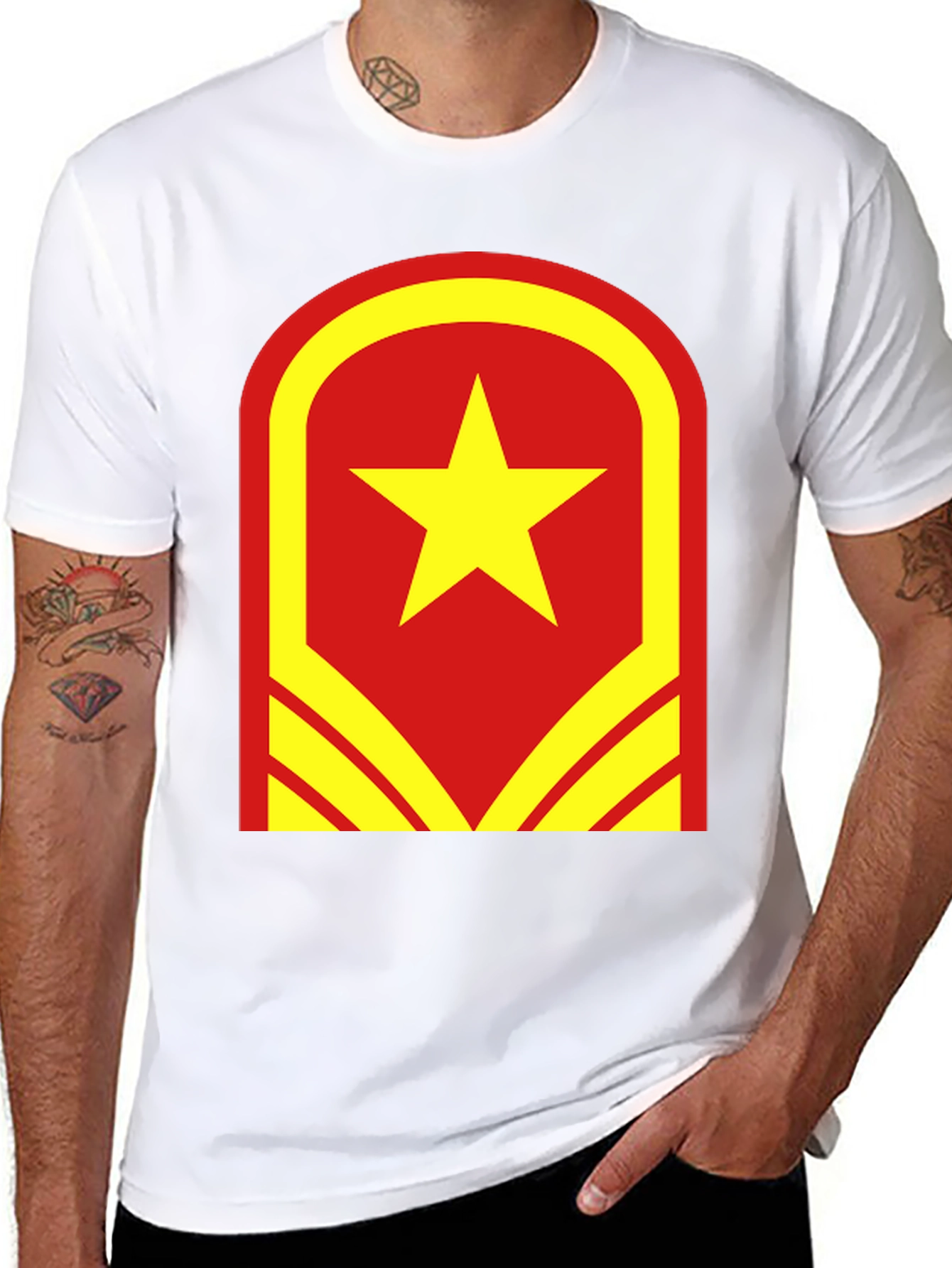 Red & Yellow Star Graphic T-Shirt - Casual Wear