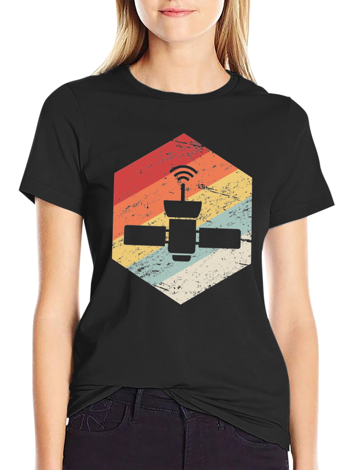 Retro Satellite Graphic Tee - Black Cotton Blend