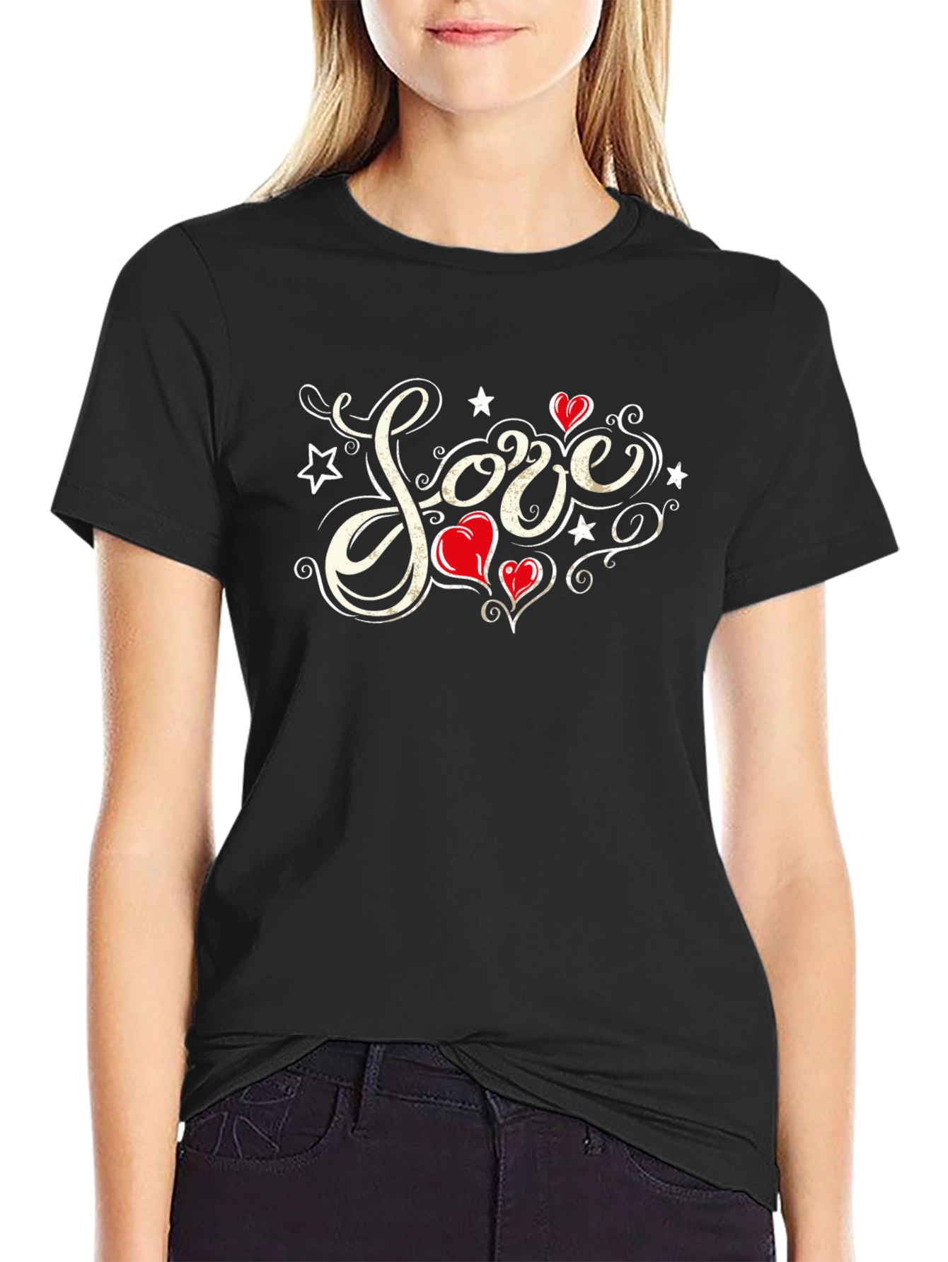 Love Heart Star Graphic T-Shirt - Black