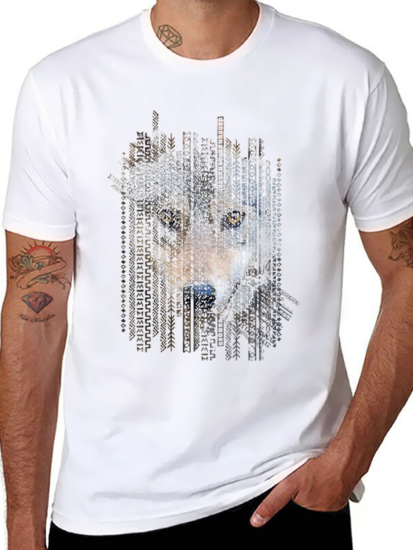 Abstract Wolf Print Mens Black T-Shirt