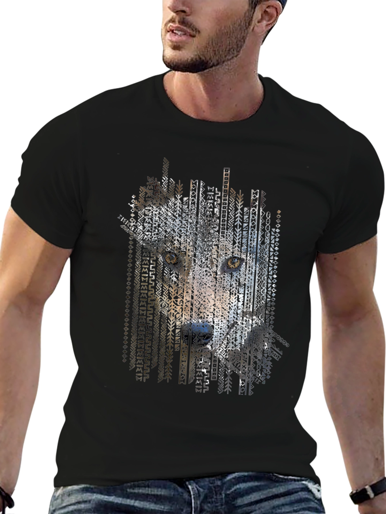 Abstract Wolf Print Mens Black T-Shirt