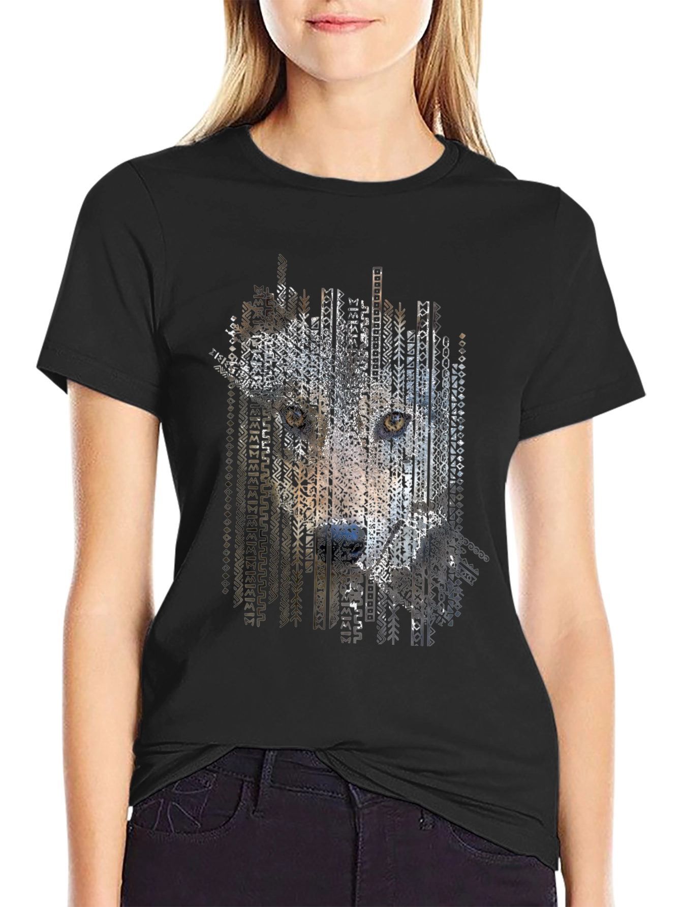 Abstract Wolf Print Mens Black T-Shirt