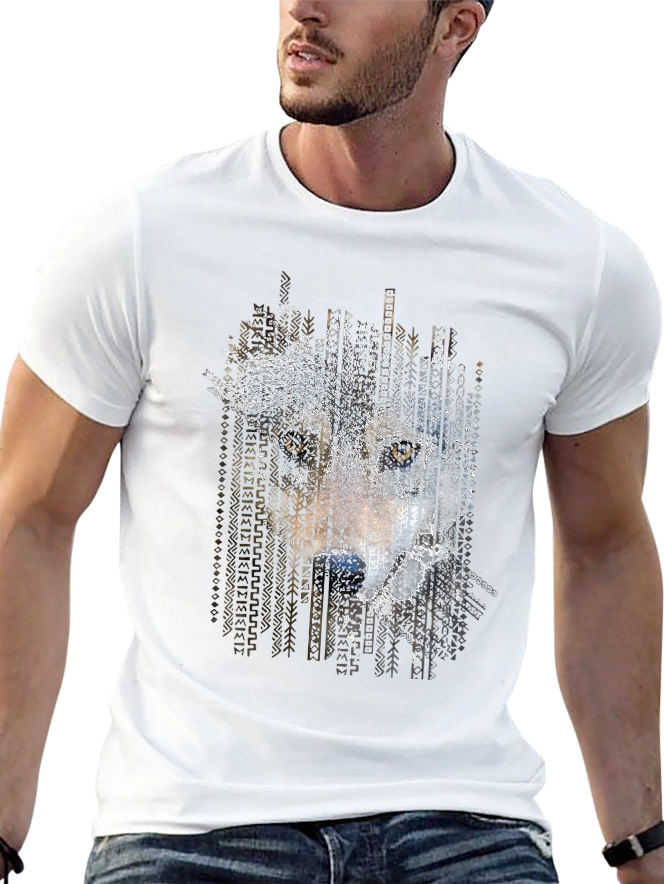 Abstract Wolf Print Mens Black T-Shirt