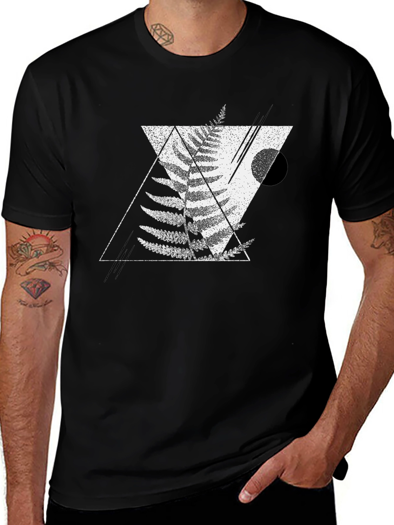 Geometric Fern Print Black T-Shirt