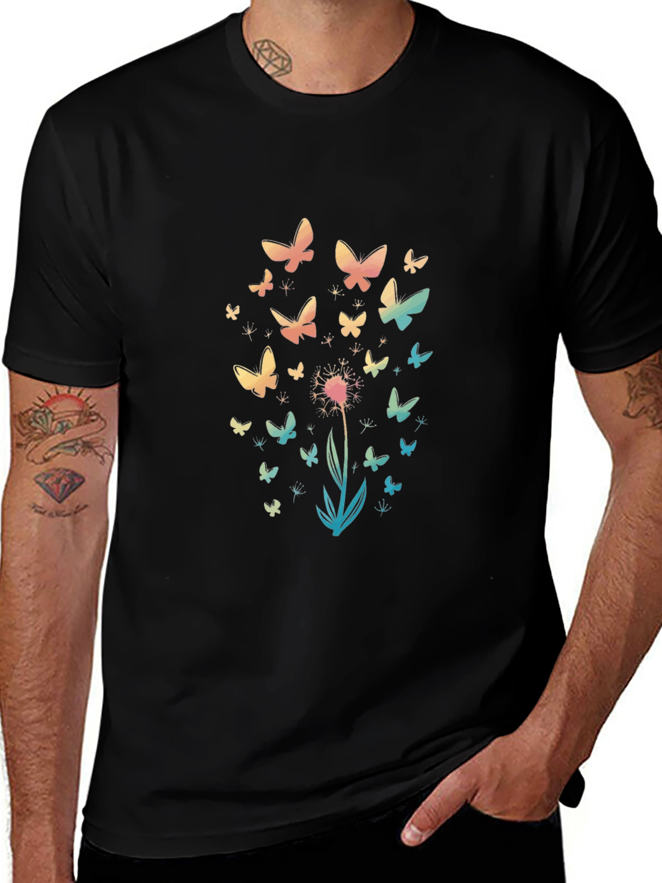 Butterfly Dandelion Print Black T-Shirt