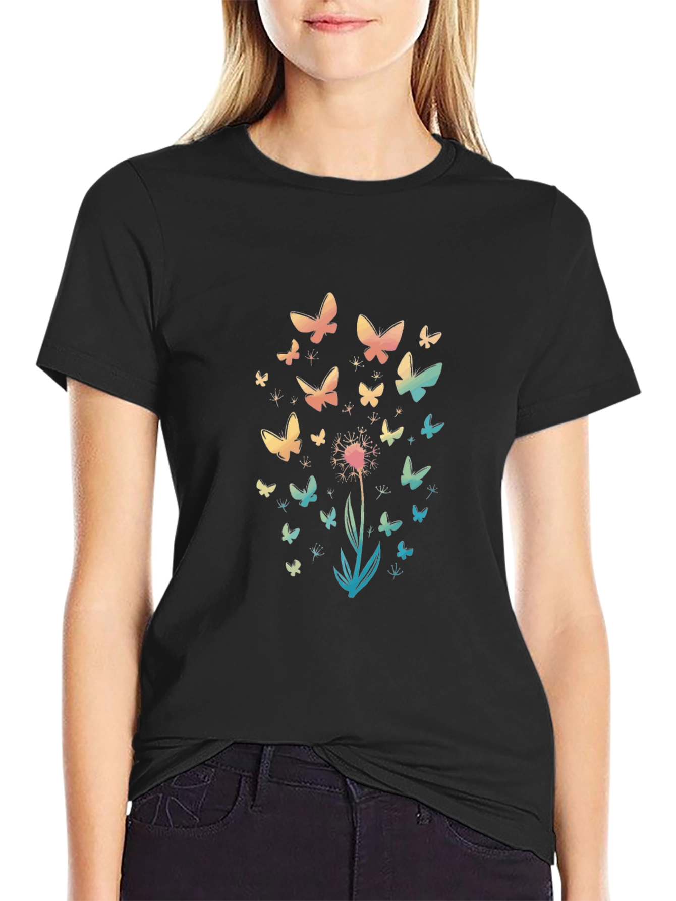 Butterfly Dandelion Print Black T-Shirt