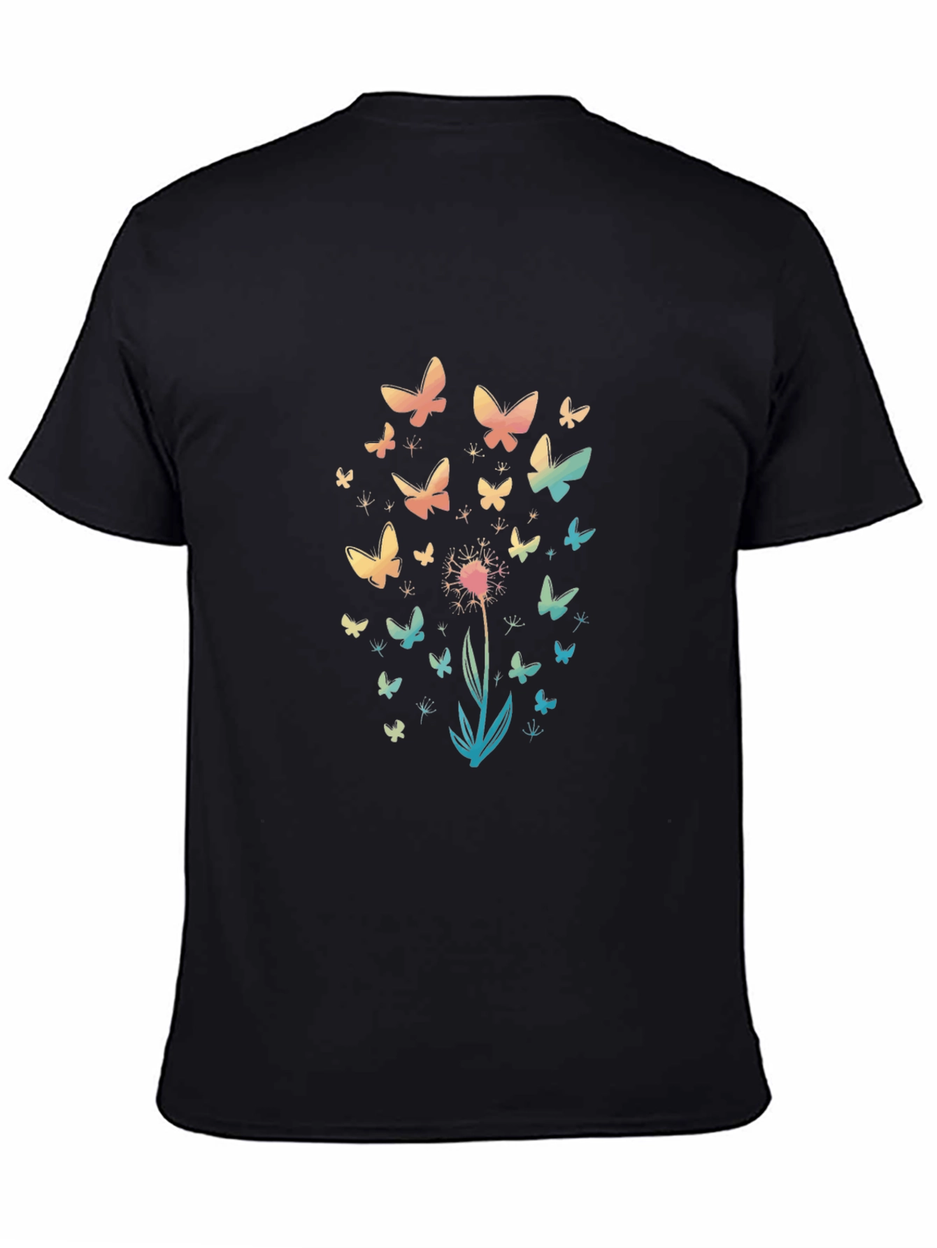 Butterfly Dandelion Print Black T-Shirt