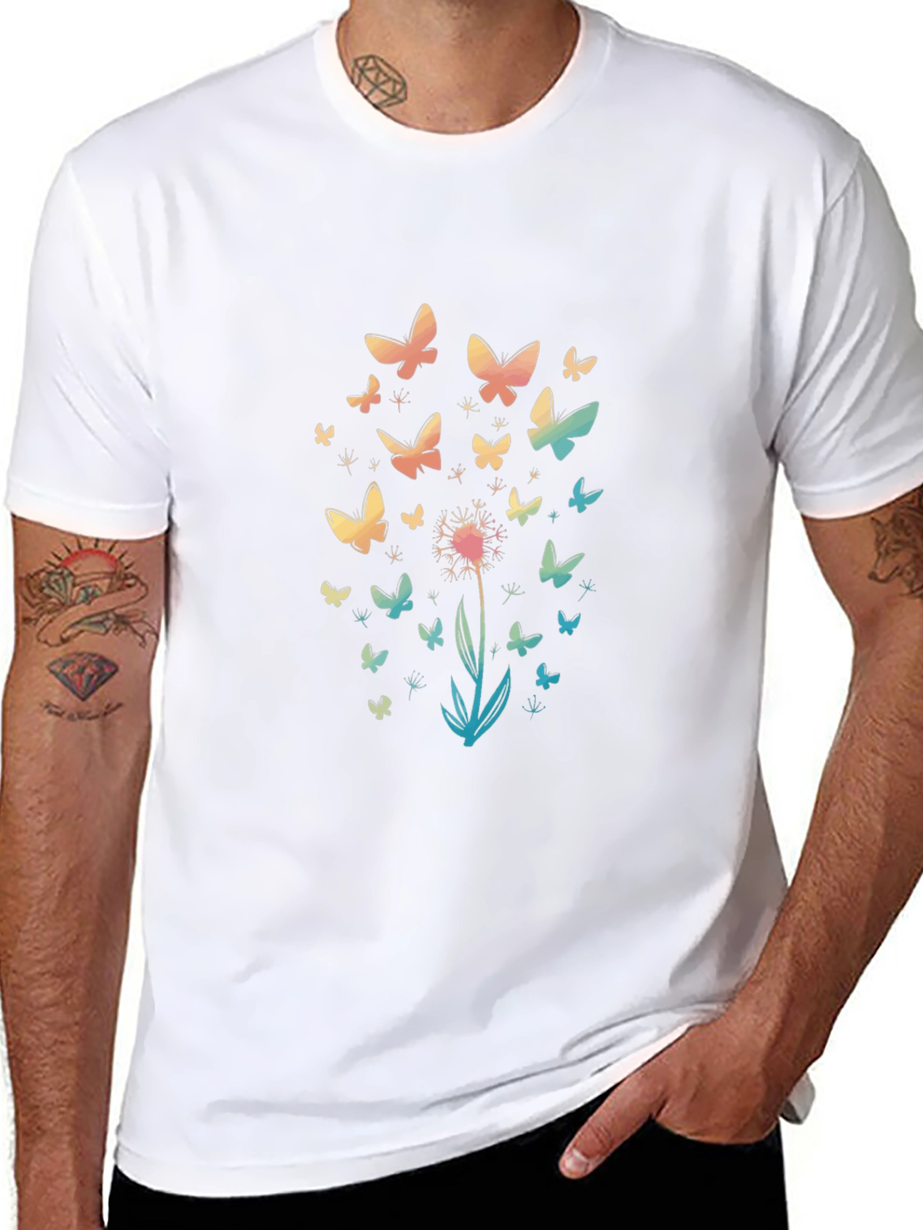Butterfly Dandelion Print Black T-Shirt