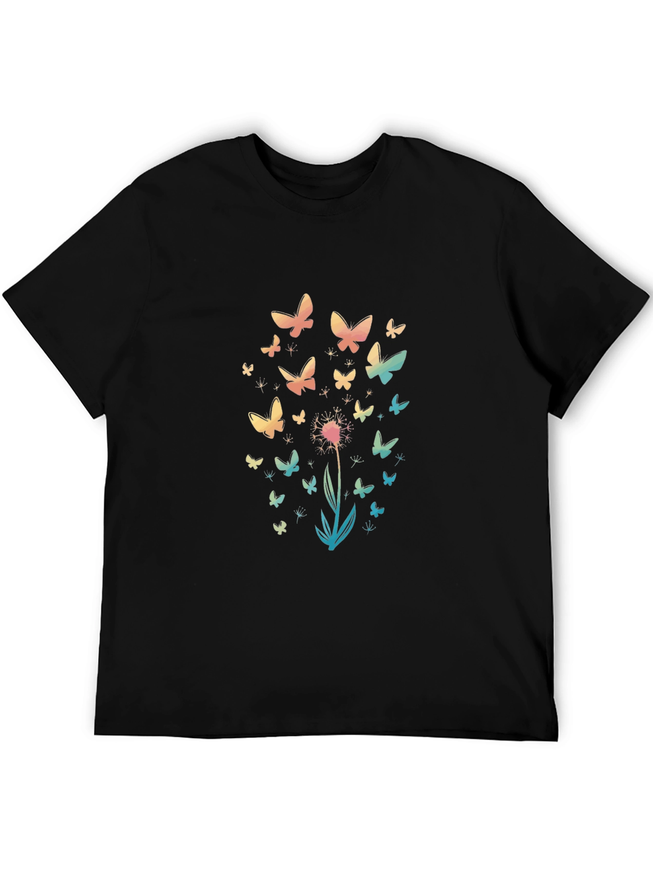 Butterfly Dandelion Print Black T-Shirt