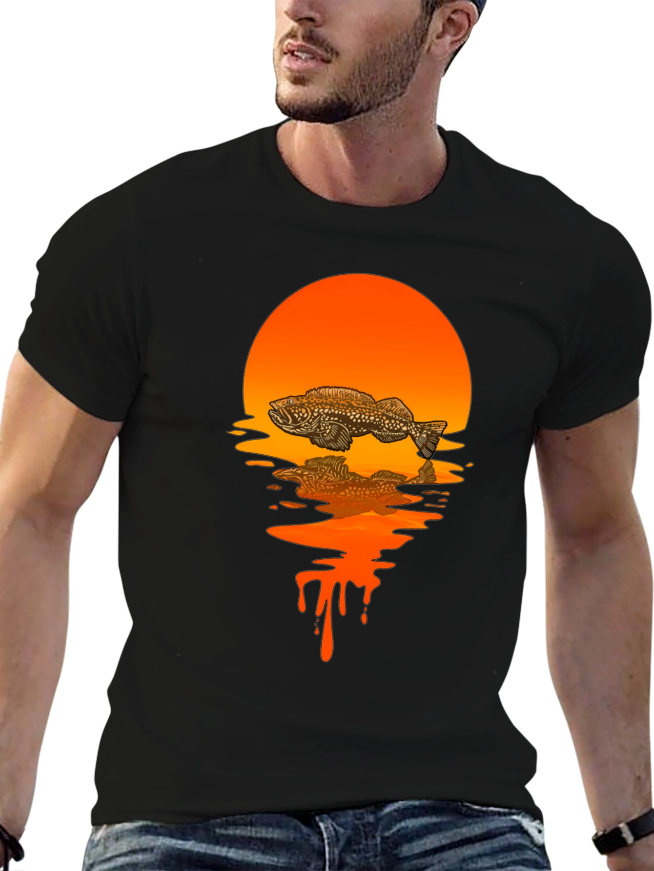 Fish Sunset Graphic Tee - Black Cotton Blend