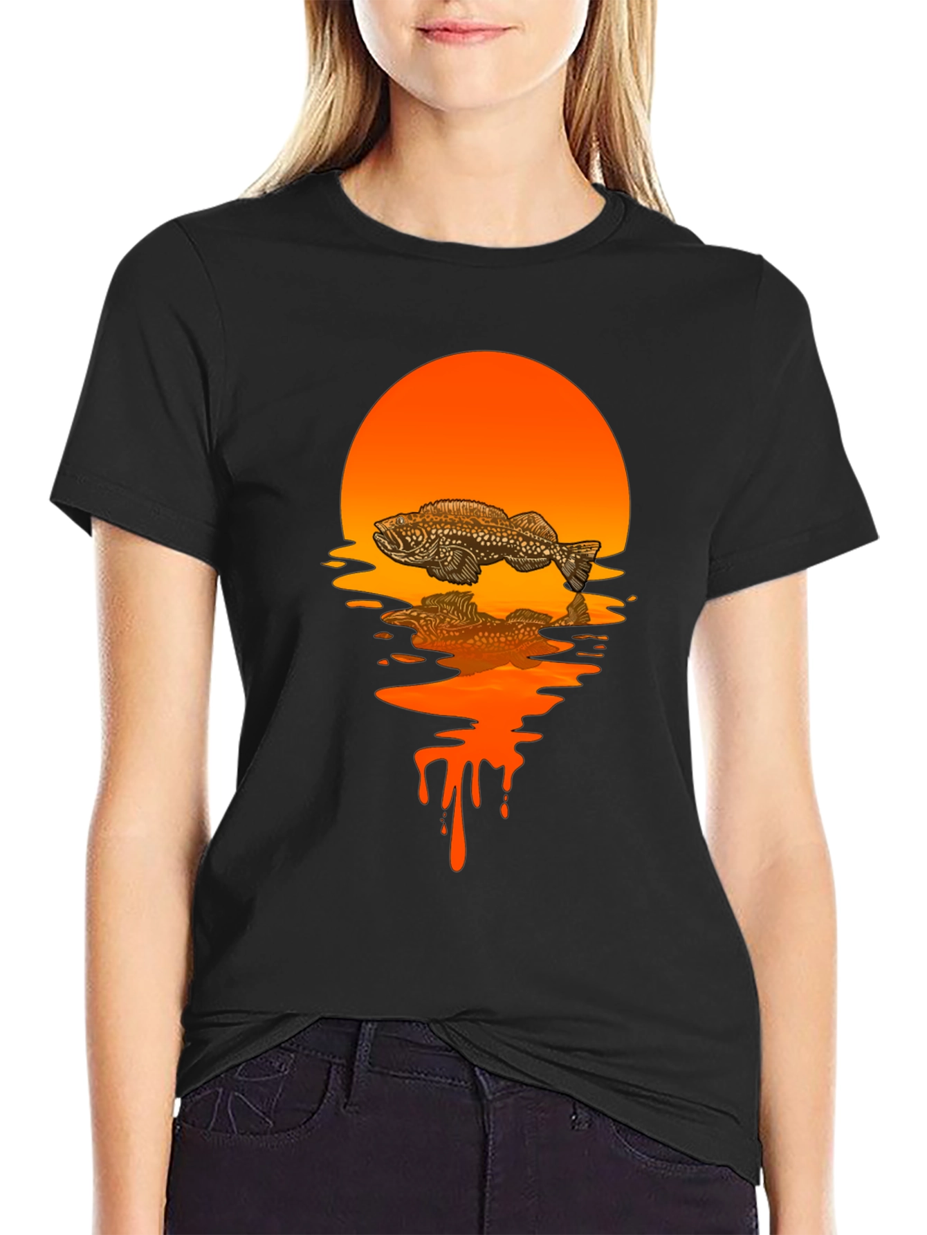 Fish Sunset Graphic Tee - Black Cotton Blend