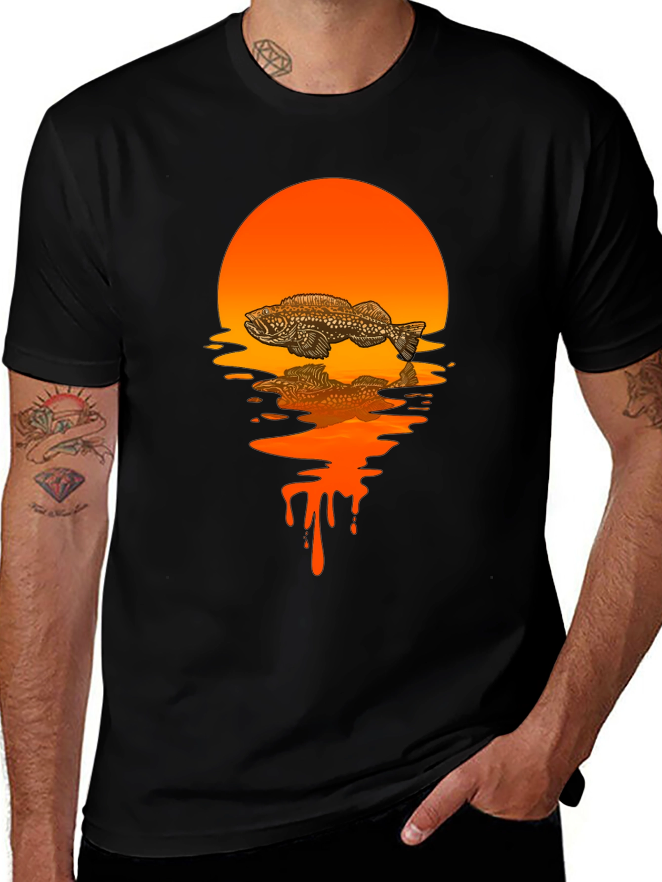 Fish Sunset Graphic Tee - Black Cotton Blend