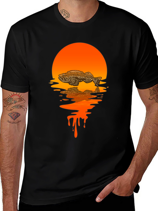 Fish Sunset Graphic Tee - Black Cotton Blend