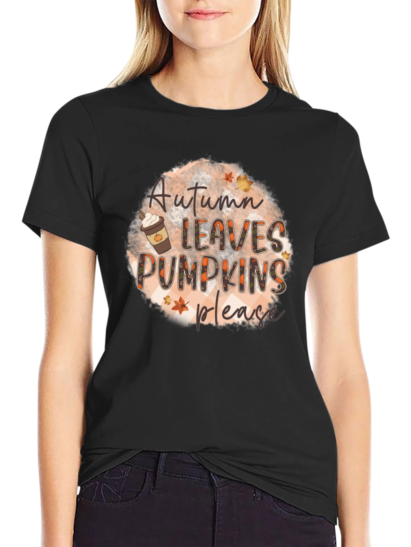 Autumn Leaves Pumpkins Please Black T-Shirt