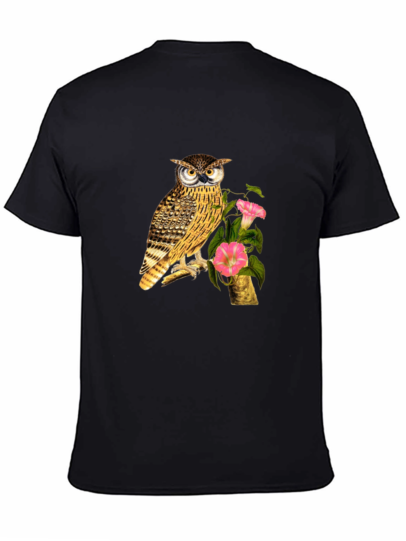 Owl and Flower Graphic Print Black T-Shirt
