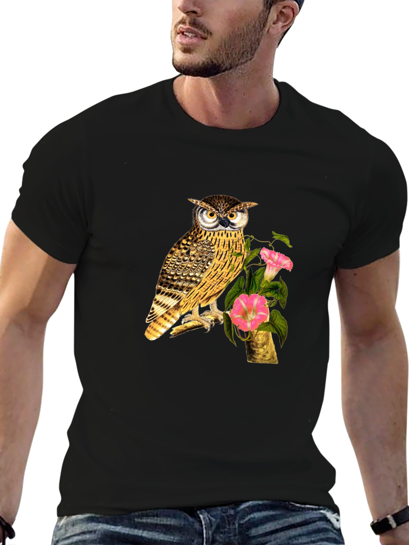 Owl and Flower Graphic Print Black T-Shirt
