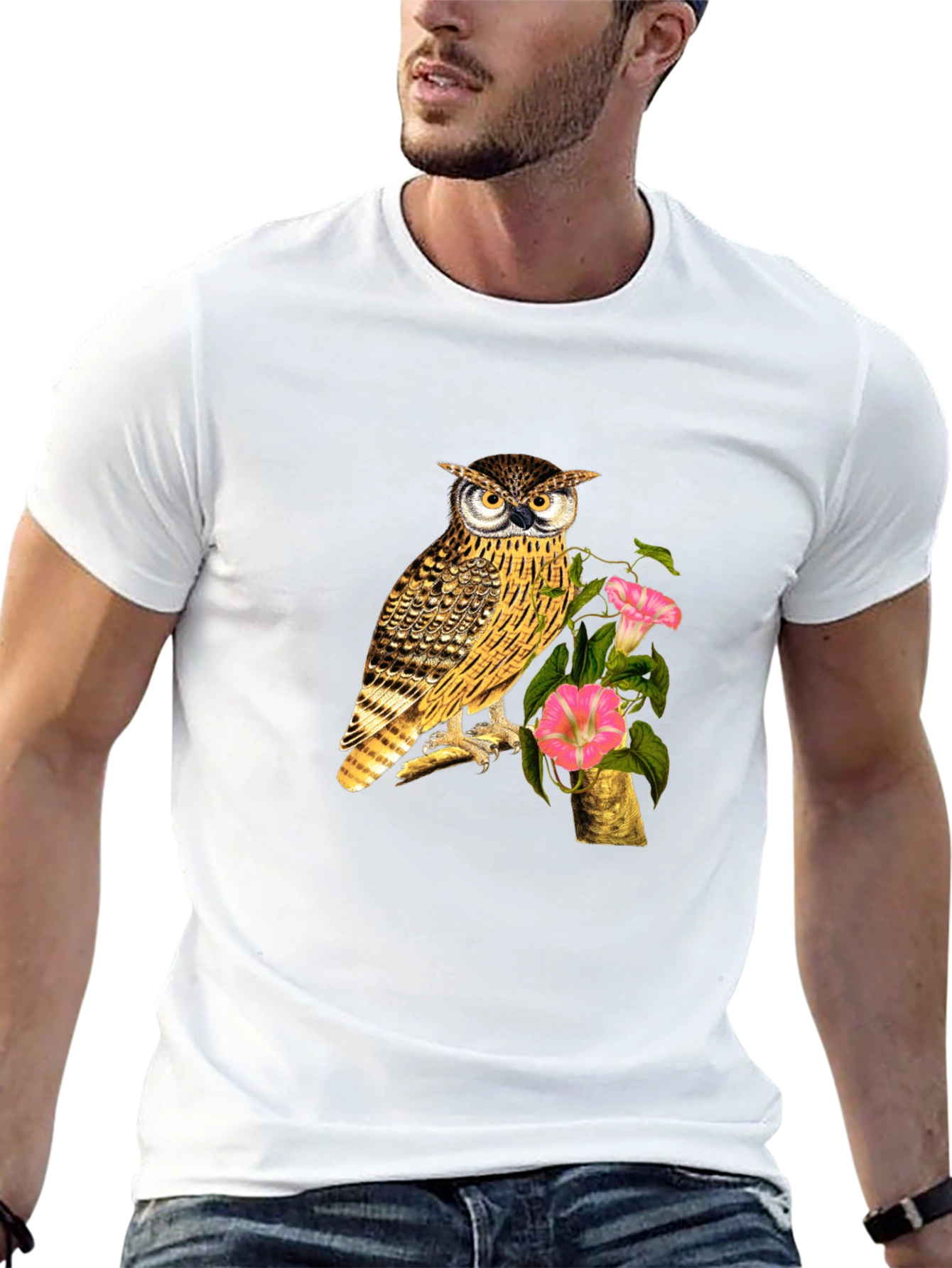 Owl and Flower Graphic Print Black T-Shirt