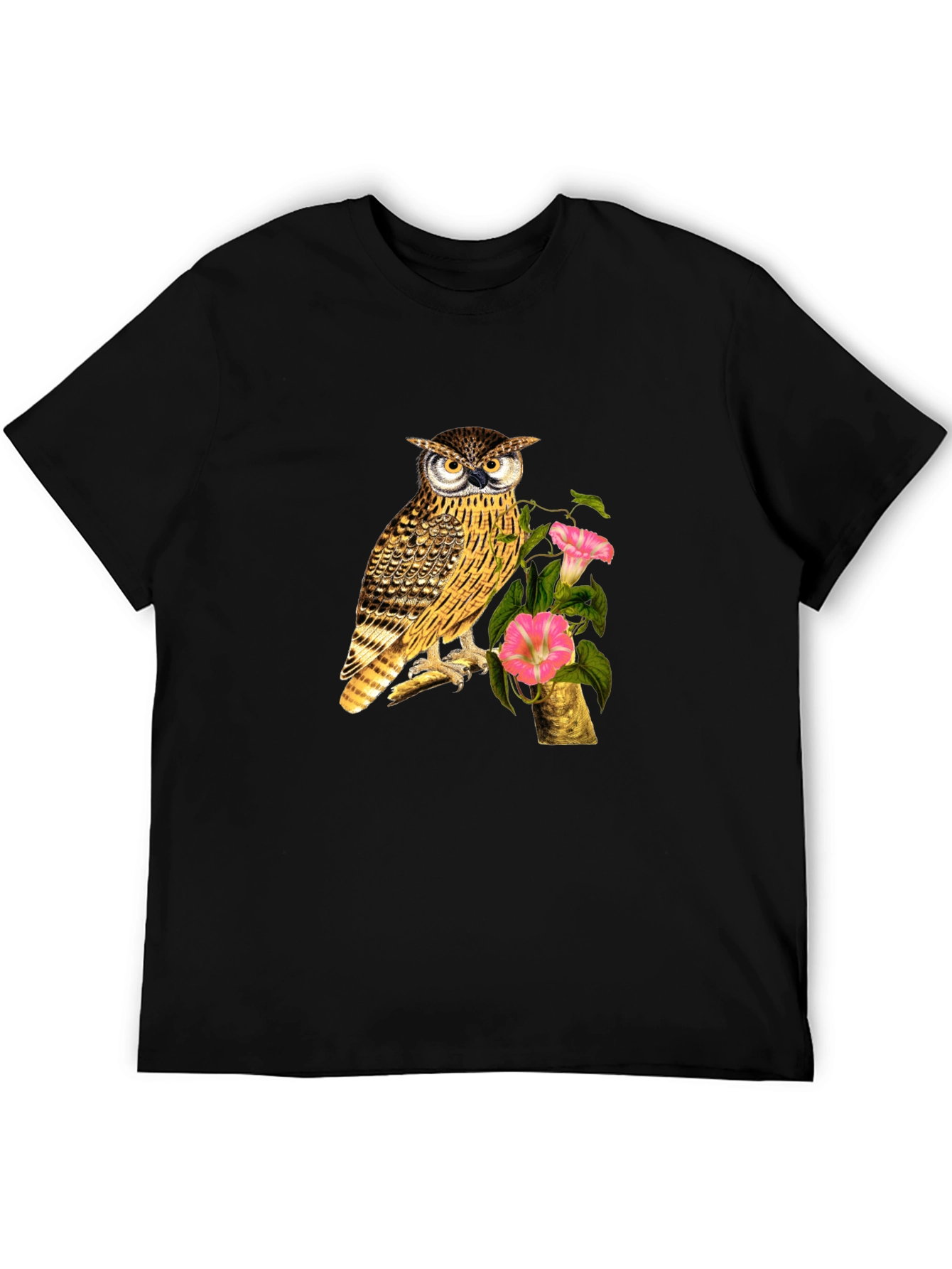 Owl and Flower Graphic Print Black T-Shirt