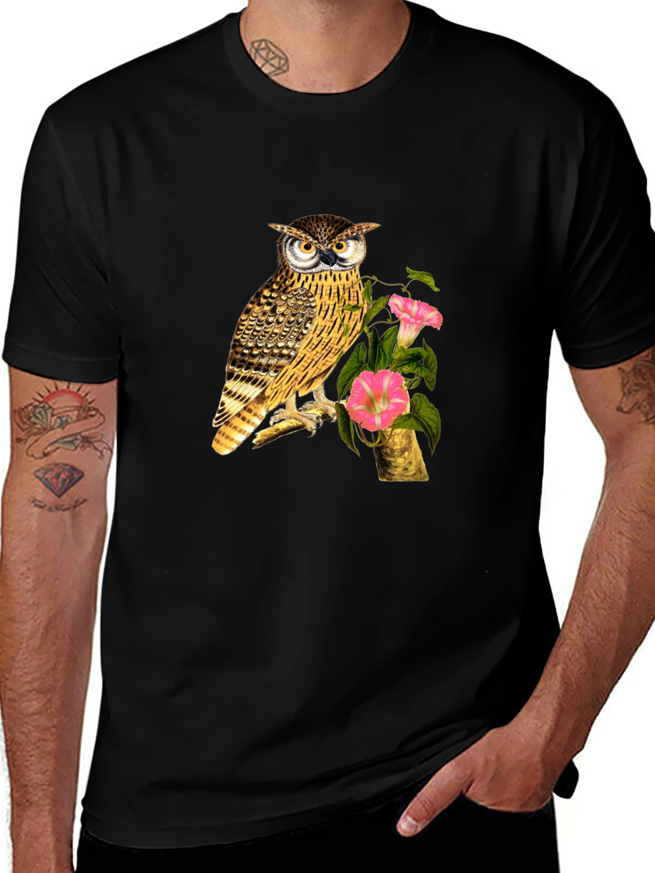 Owl and Flower Graphic Print Black T-Shirt