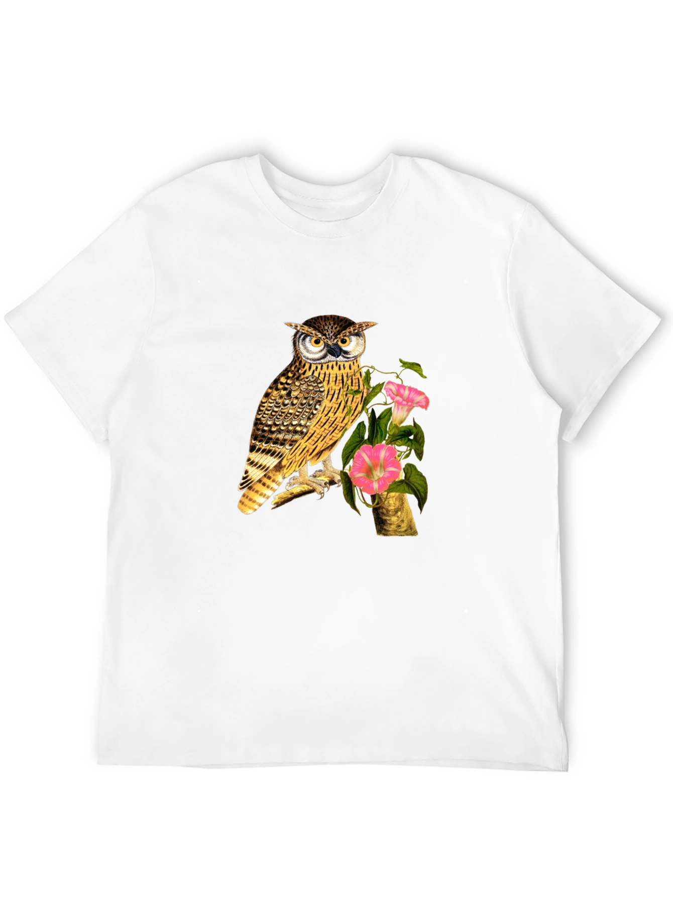 Owl and Flower Graphic Print Black T-Shirt