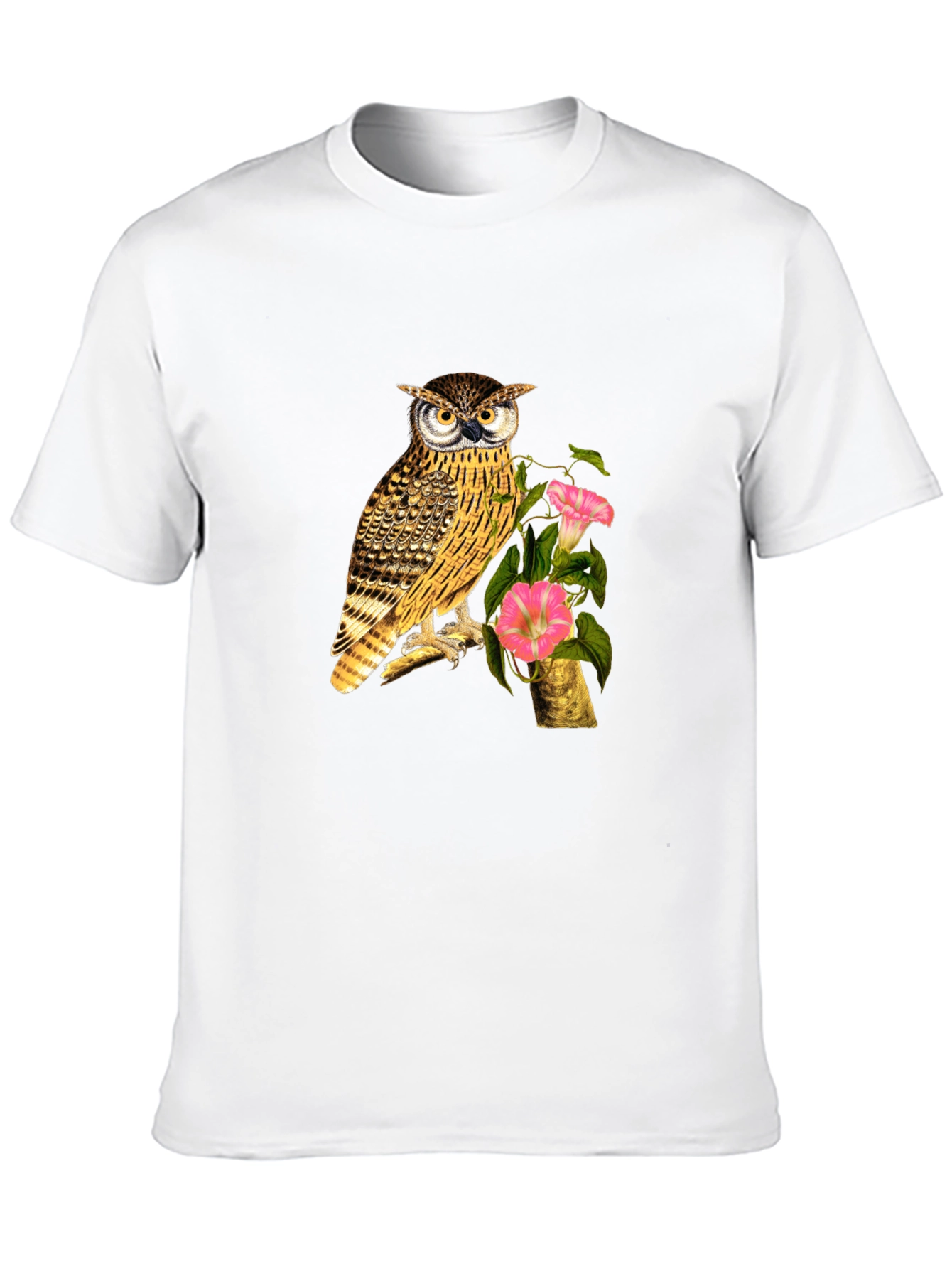 Owl and Flower Graphic Print Black T-Shirt