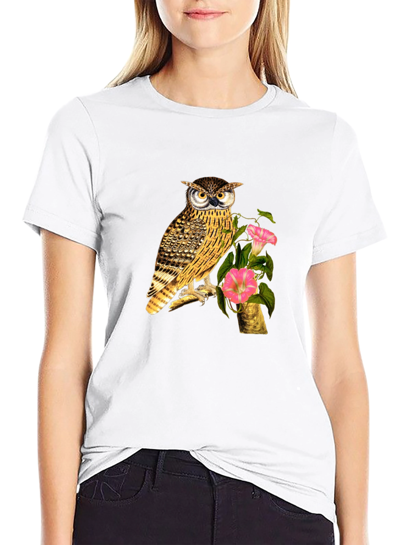 Owl and Flower Graphic Print Black T-Shirt