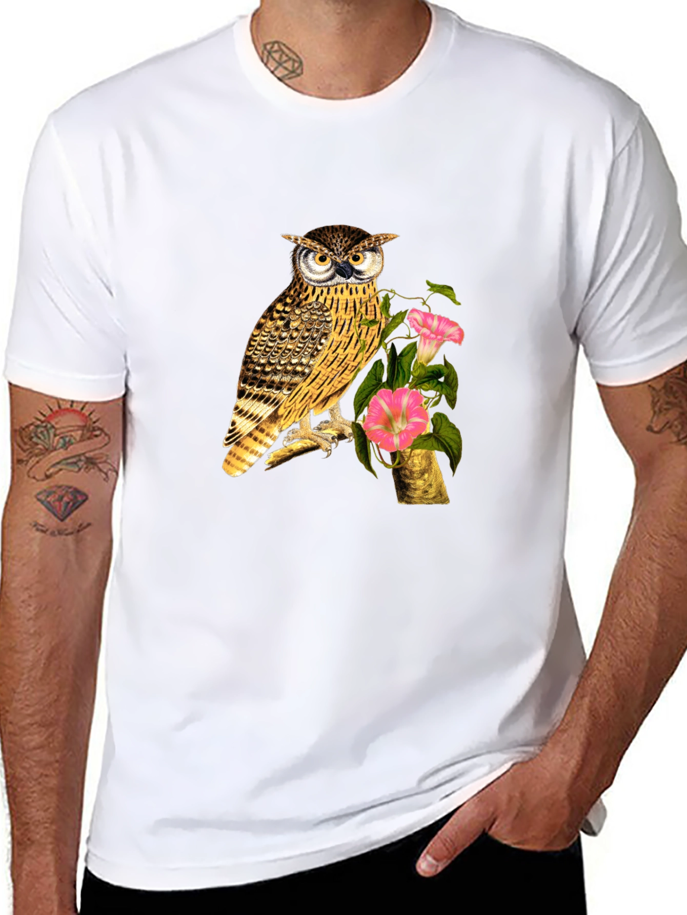 Owl and Flower Graphic Print Black T-Shirt