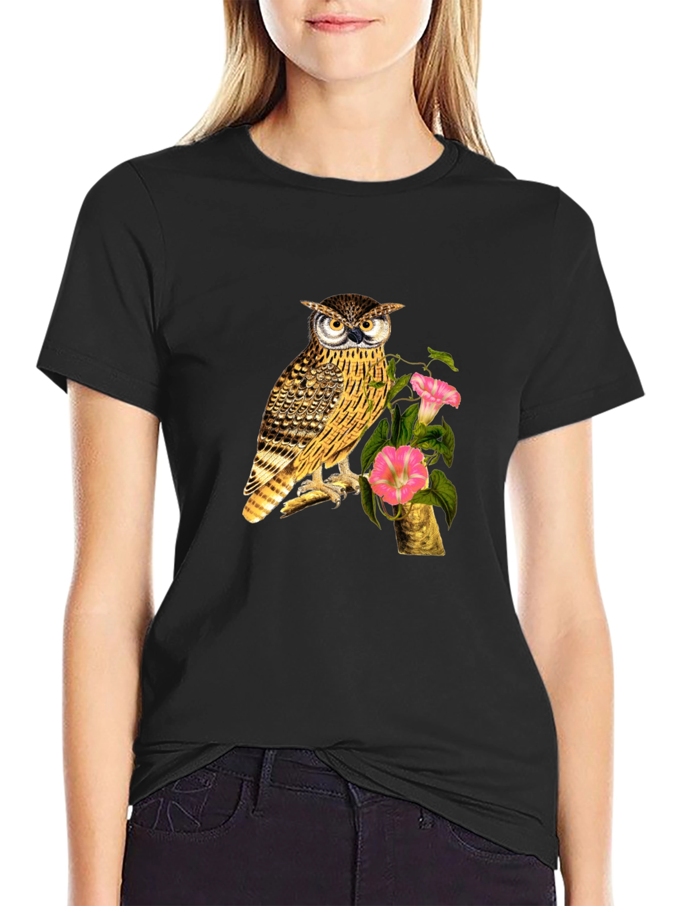 Owl and Flower Graphic Print Black T-Shirt