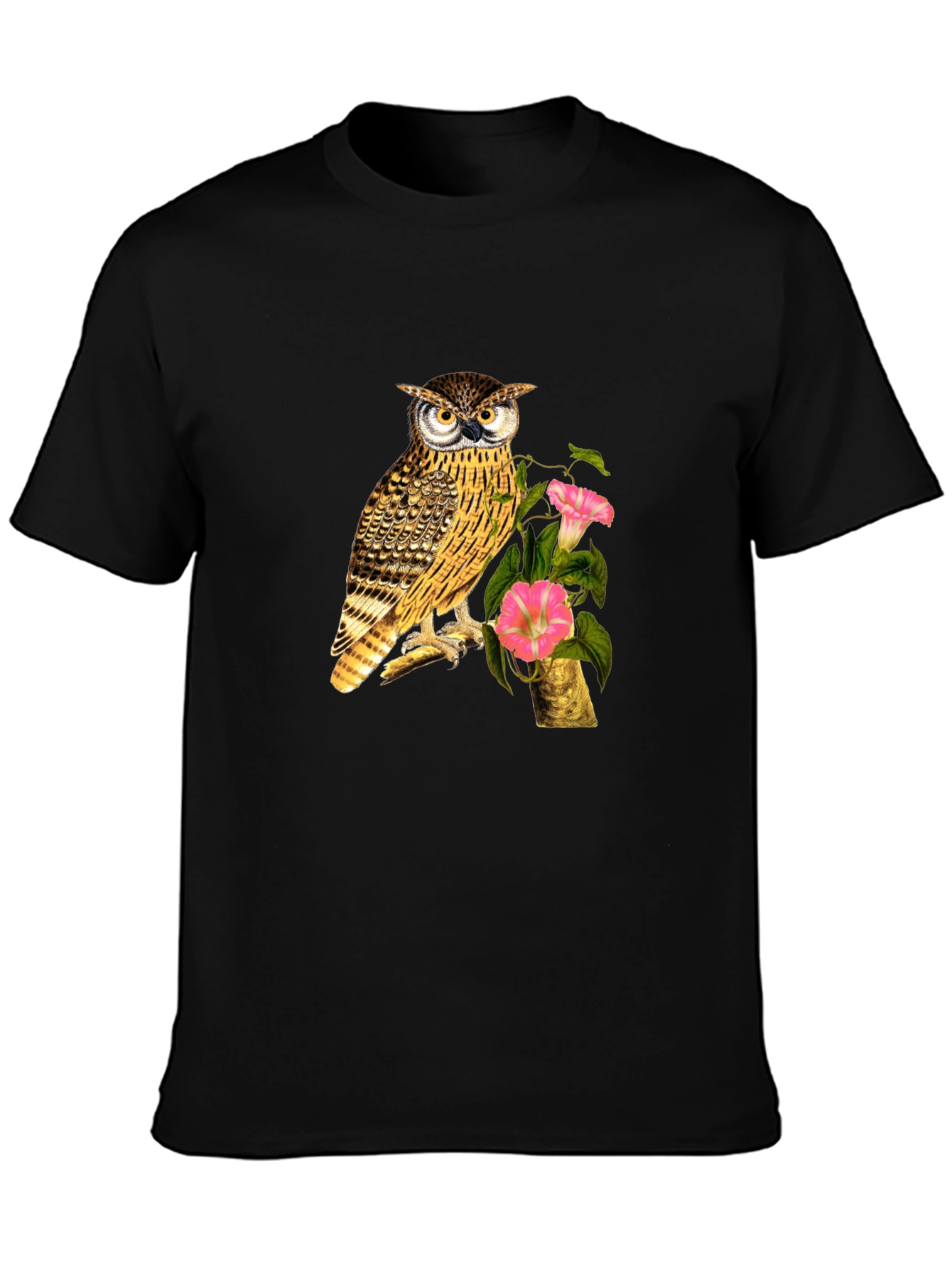 Owl and Flower Graphic Print Black T-Shirt