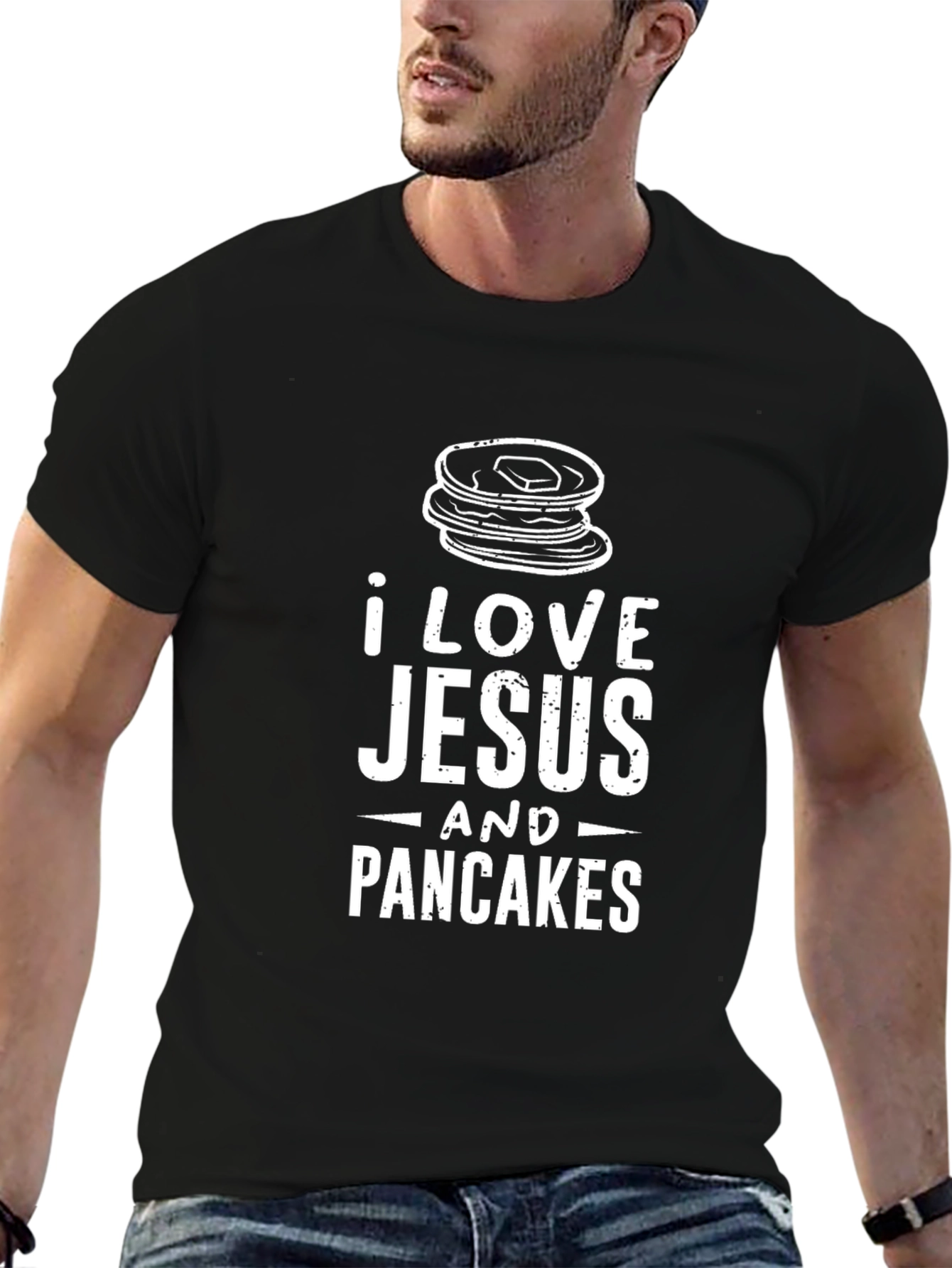 I Love Jesus and Pancakes Black Graphic T-Shirt