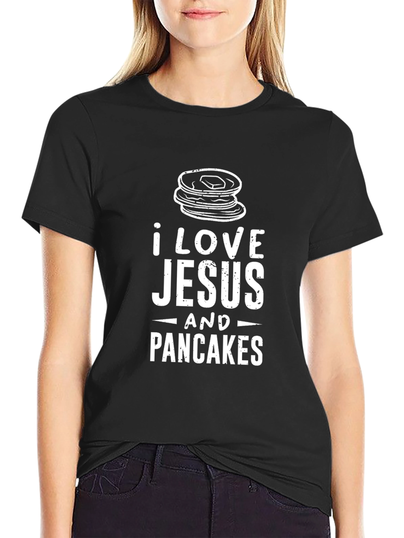I Love Jesus and Pancakes Black Graphic T-Shirt